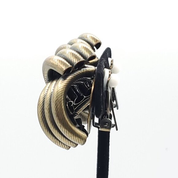 Retro Chunky Love Knot Earrings Ribbed Elbow Macaroni Bronze Brass Tone Black - Picture 2 of 4